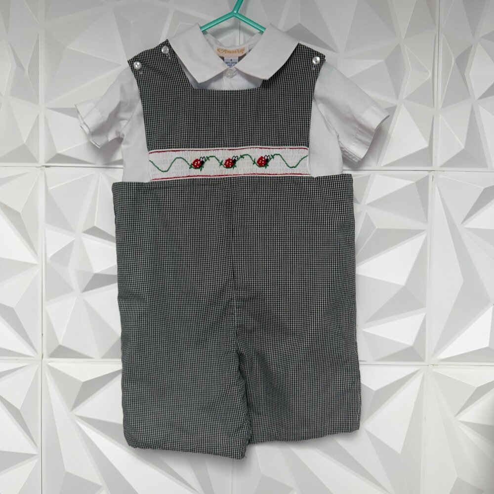 Anavini Smocked Ladybug Gingham Jon Jon 2pc Set Black White Size 4